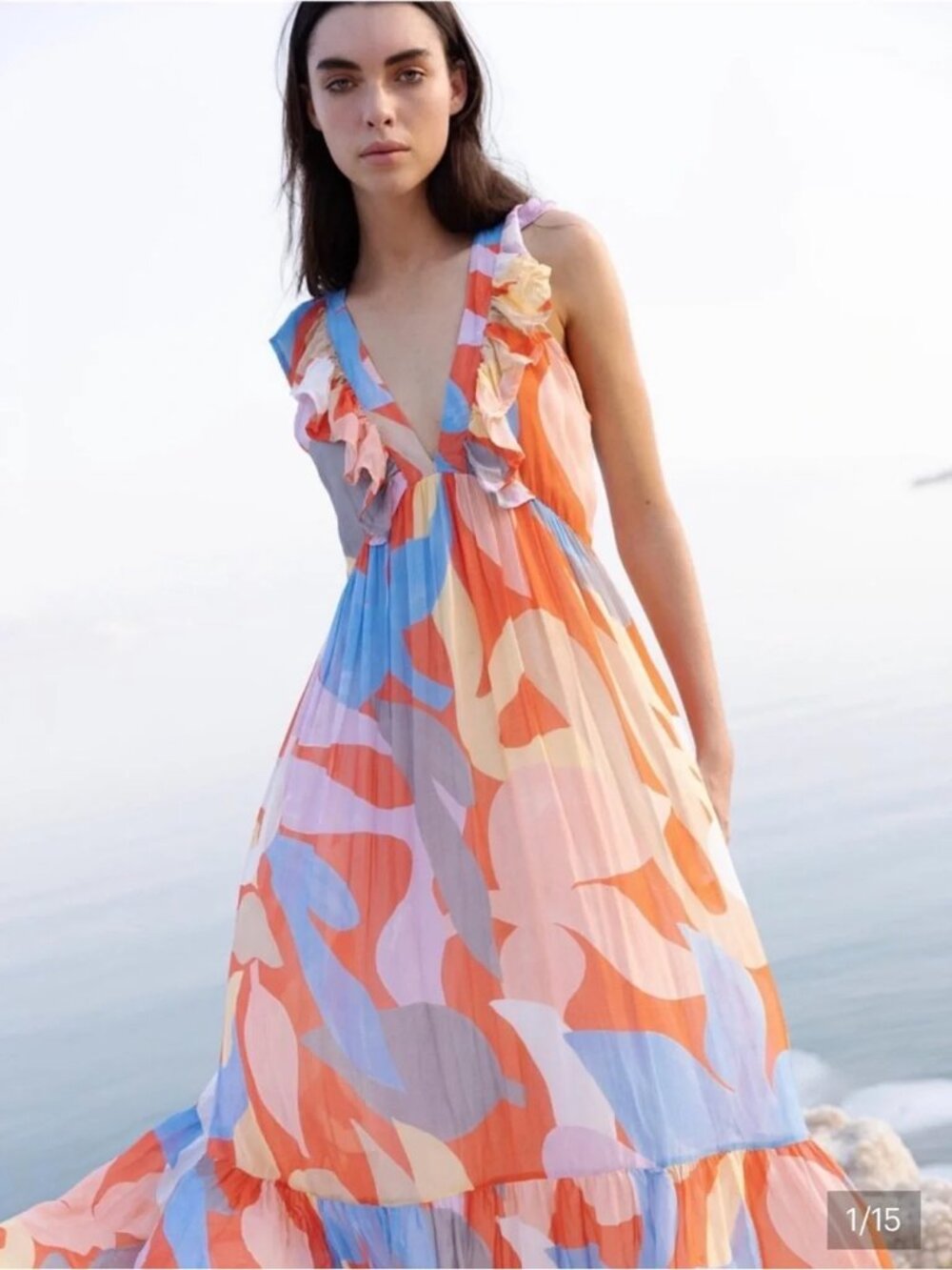 OLIPHANT Moma Dress Womens Small Orange Geometric Maxi Ruffle Sundress Boho